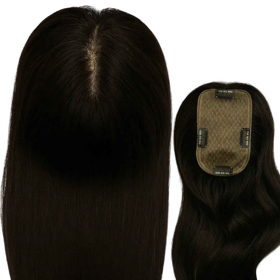 Comparison of top and back view of 3x5 inch silk base scalp-like hair topper for women