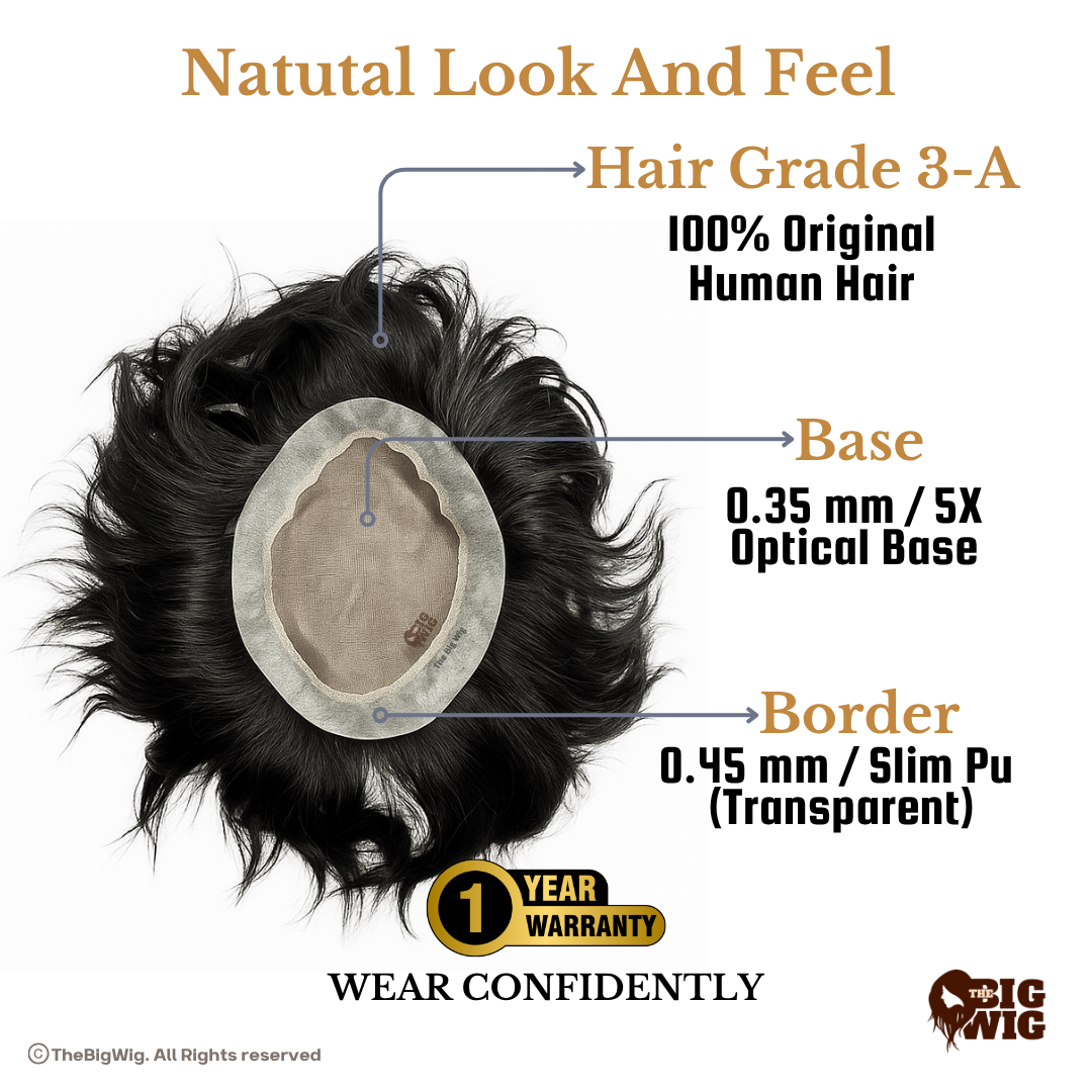 Premiun BM Mens Hair Patch | 5X Optical Base | Transparent Slim PU Border | 1 Year Warranty