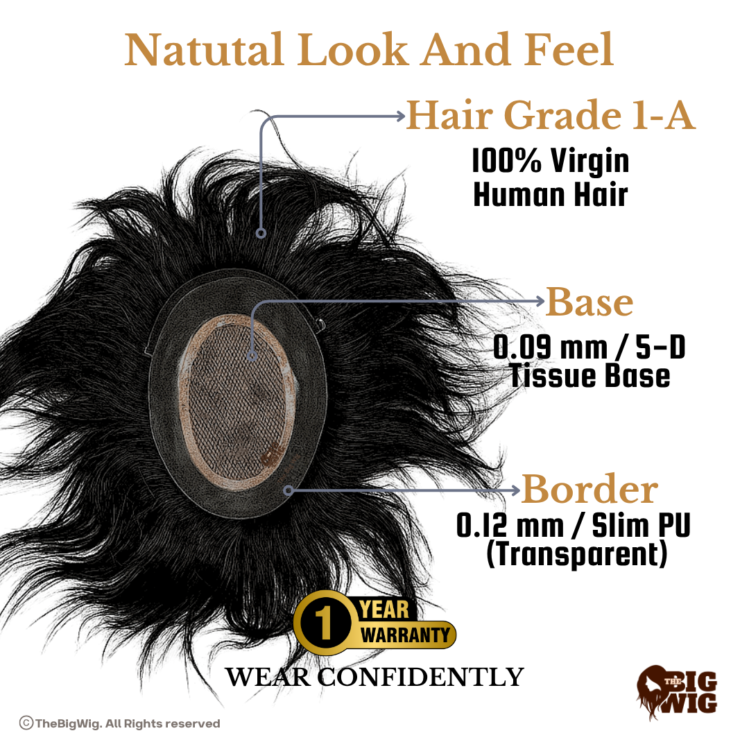 Premium Skin Base Patch for Men | 100% Original Human Hair 5D Tissue Base with Transparent PU Border | 1 year Warranty