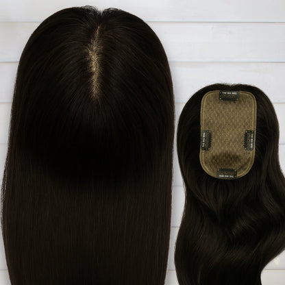 Comparison of top and back view of 3x5 inch silk base scalp-like hair topper for women