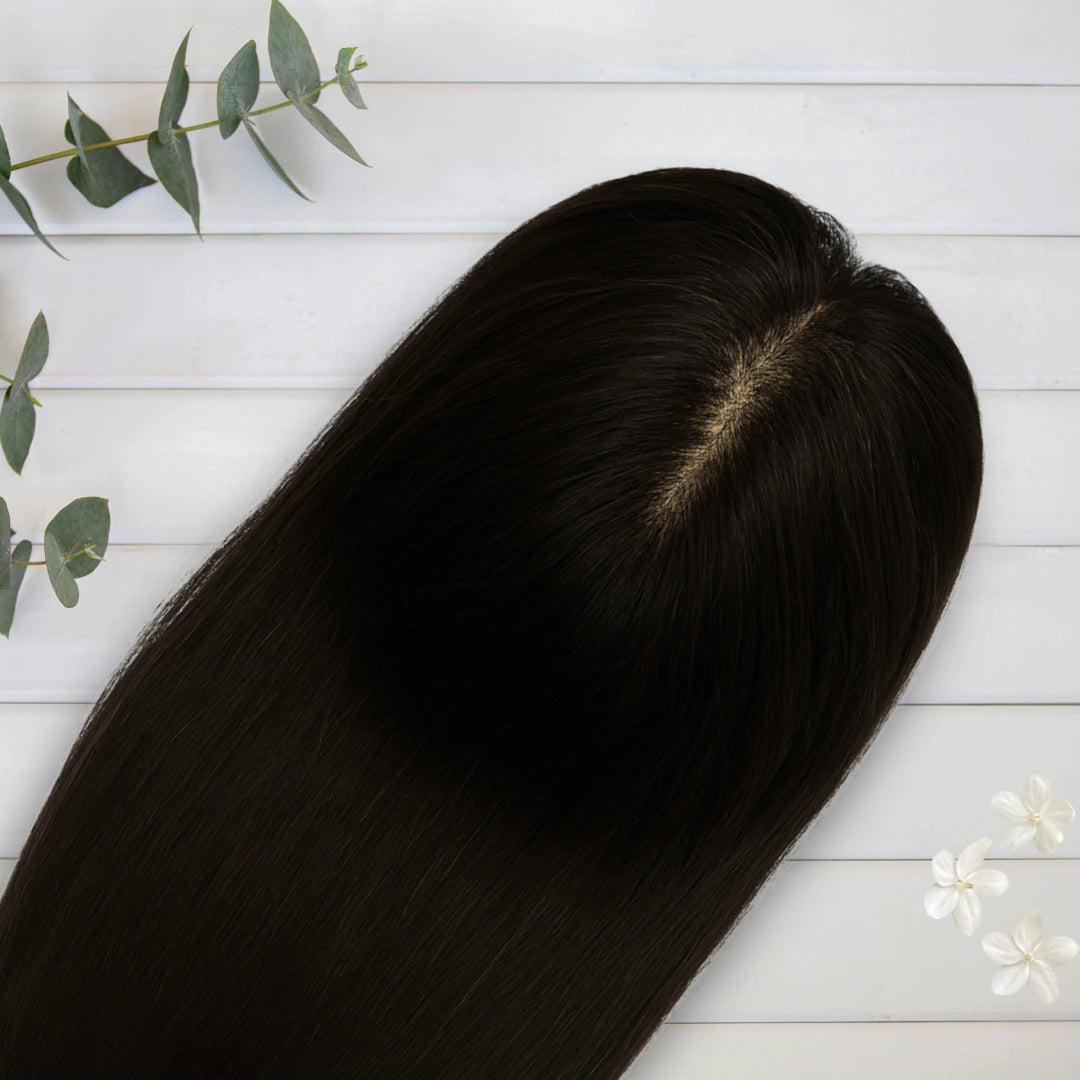Top view of 3x5 inch silk base hair topper showing natural scalp-like appearance and parting line