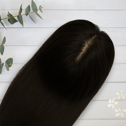 Top view of 3x5 inch silk base hair topper showing natural scalp-like appearance and parting line