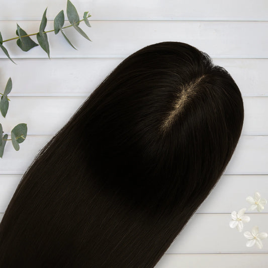 Top view of 3x5 inch silk base hair topper showing natural scalp-like appearance and parting line