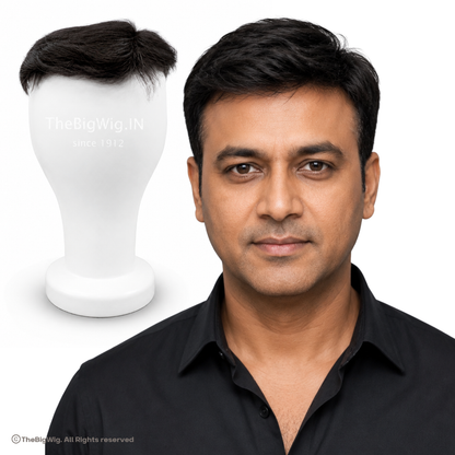 Clip-in hair patch on mannequin beside male model showing natural blended result – The Big Wig