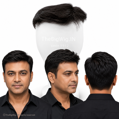 Ready to wear clip-in hair patch for men – front styled view and underside showing clip mechanism, no haircut needed