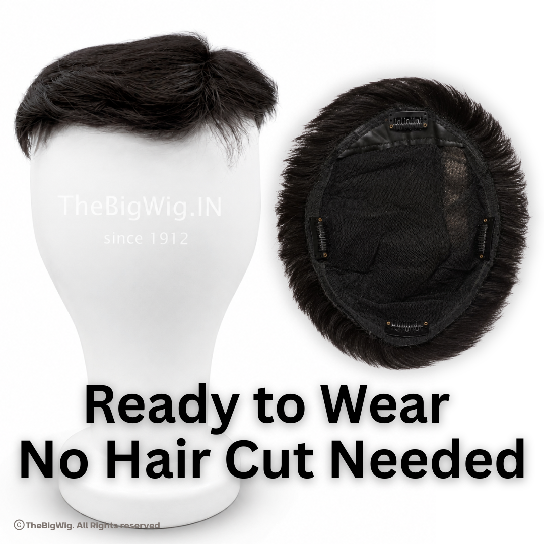 Ready to wear clip-in hair patch for men – front styled view and underside showing clip mechanism, no haircut needed
