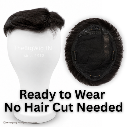 Ready to wear clip-in hair patch for men – front styled view and underside showing clip mechanism, no haircut needed