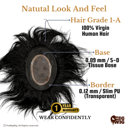 Premium Skin Base Patch for Men | 100% Original Human Hair 5D Tissue Base with Transparent PU Border | 1 year  Warranty