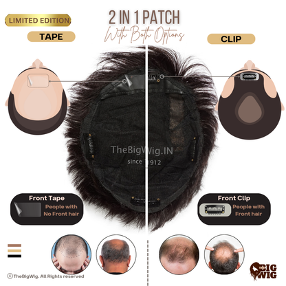 Demonstration of clipping hair patch application on a male model