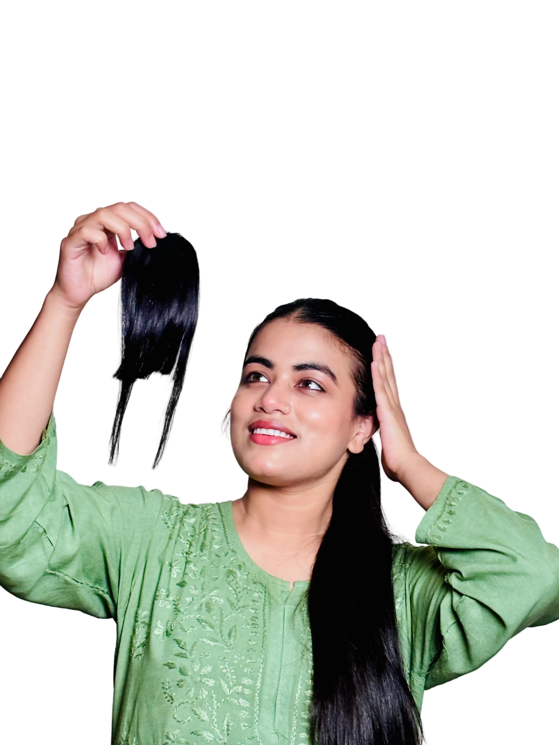 Woman holding a hair bangs with fringes with a plain background